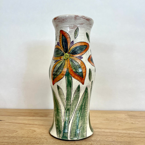  Handmade Pottery Vase with Orange, Green and Blue Flowers