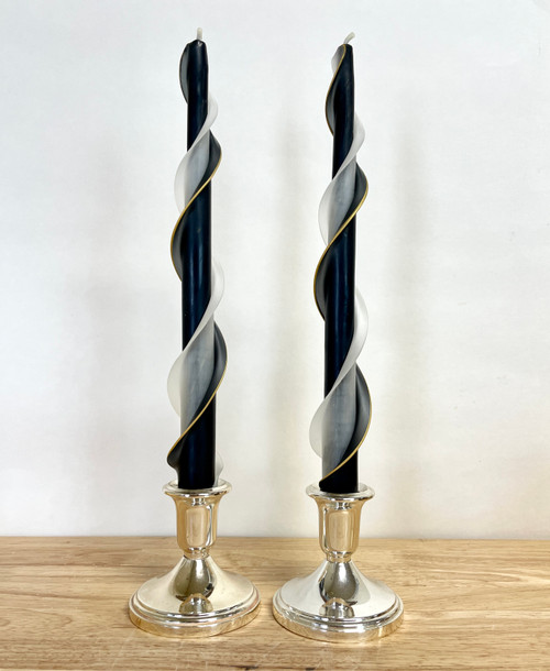  Handmade 100% Beeswax Double Flair Taper Candle in Black and Ivory with Gold Trim 12"