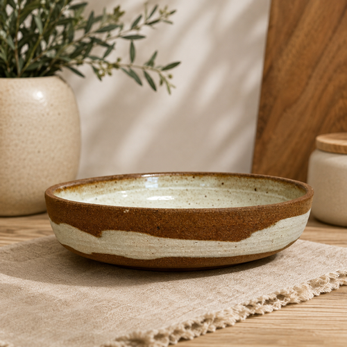  Handmade Pottery Brown and White Wide Bowl
