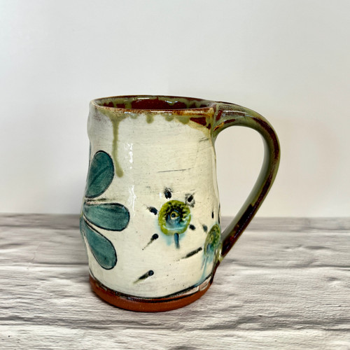 Hand Carved Mug with Green and Teal Flowers-One of a kind!