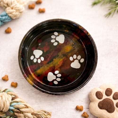  Handmade Sturdy Dog Bowl with Paw Prints. SM Adorable! Black and Green