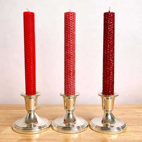 Handmade Beeswax Honeycomb Taper Candle Red