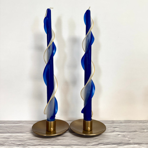  Handmade 100% Beeswax Double Flair Taper Candle Blue and Ivory Gold Trim 12"
