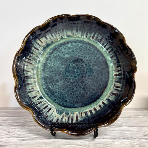 Handcrafted Stoneware Pie Plate – Peacock Blue Glaze – 10" Round