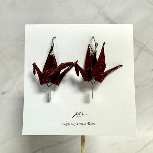  Handmade Black and Red Origami Crane Earrings with Leaf Charm