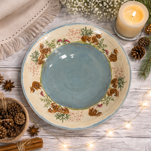  Handmade Porcelain Blue Bowl with Foxes-Plain Rim
