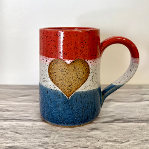 Handmade Pottery  Red, White & Blue Heart Mugs — Wheel‑Thrown Stoneware (14 oz) ❤️