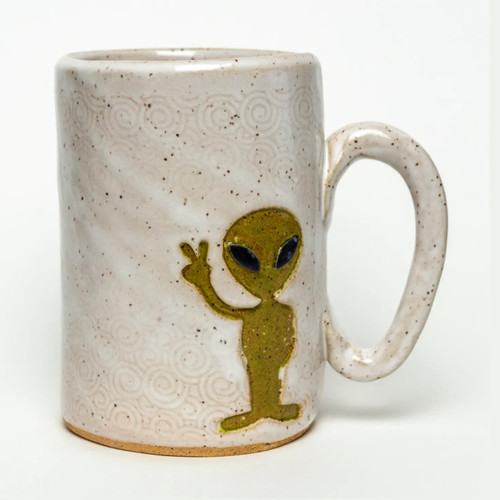 Handmade Peace Sign Alien Stoneware Mug – Moss Green & Ivory Ceramic Coffee Cup
