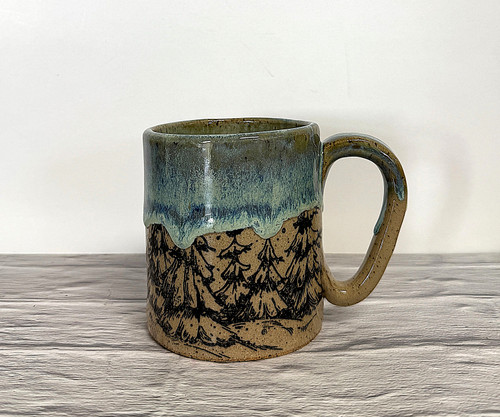 Winter Tree Pattern Handmade Stoneware Green 12oz Mug