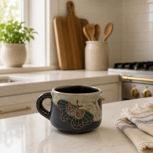 Handmade Mara Stoneware Blue Butterfly Soup Mug