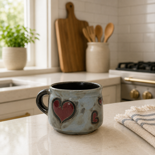 Handmade Mara Stonemade Etched & Glazed Heart Mug or Soup Bowl