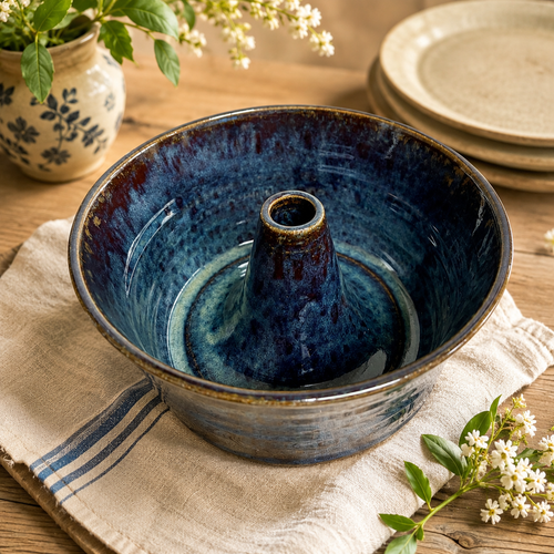 Handmade Stoneware Pound Cake Baker in Peacock Blue Glaze