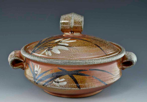 Handmade Handpainted Asian Motif Covered Casserole with Handles in Rust and Gray