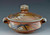 Handmade Handpainted Asian Motif Covered Casserole with Handles in Rust and Gray