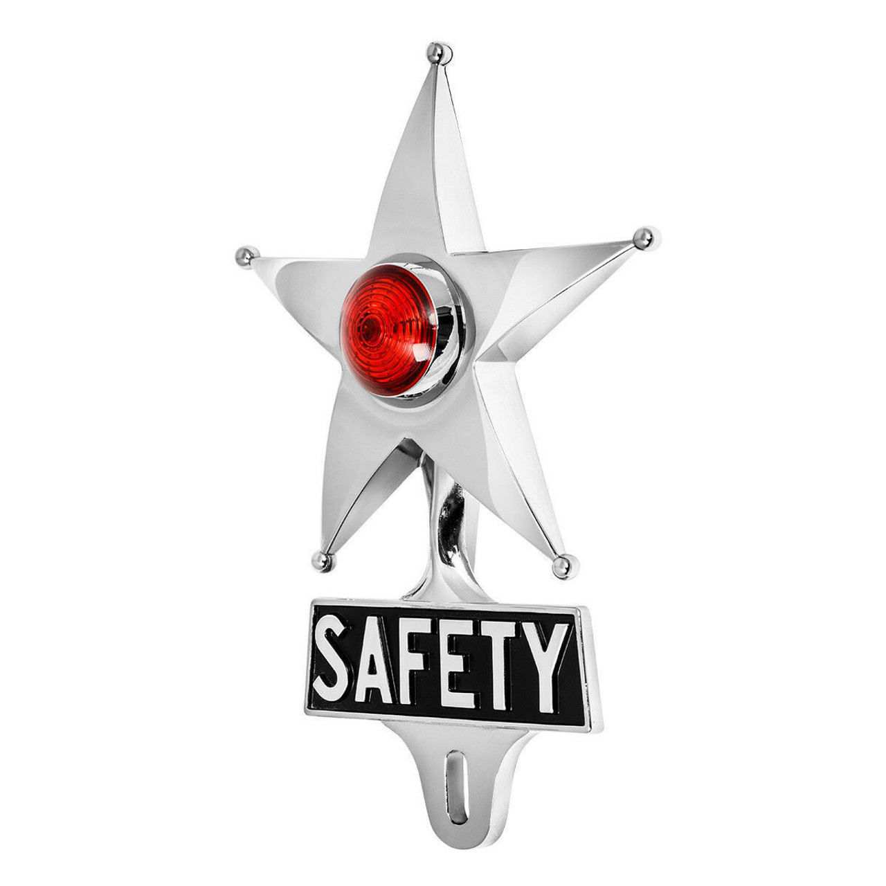 Hot Rod Red LED Jewel Lighted Chrome Safety Star Vintage Style License Plate Top
