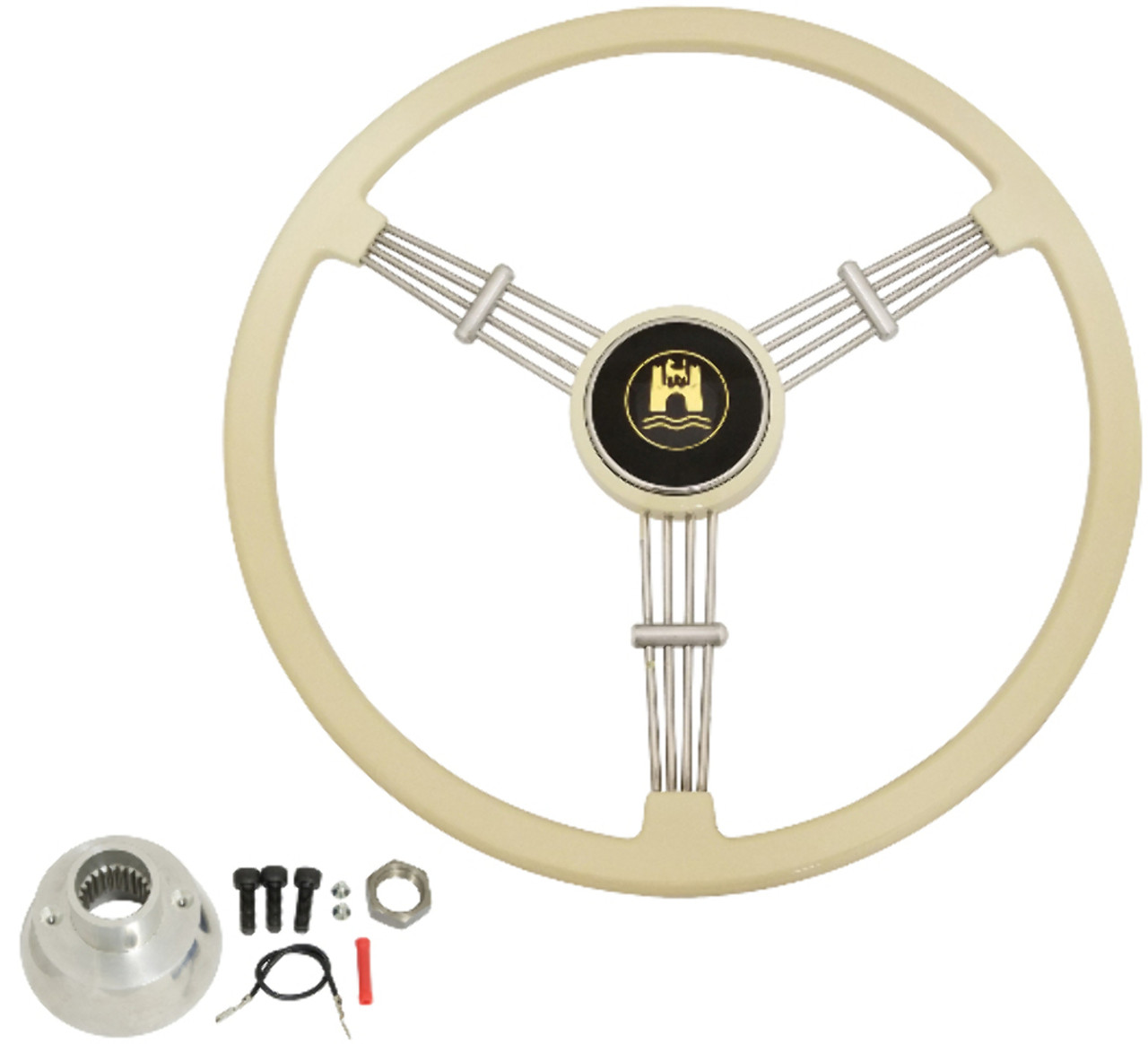 Steering Wheel Kit w/ Boss 3-Bolt 24 Spline Mount Kit, "Banjo" Style, Ivory Vintage, Fits Type 1 & Ghia 49-59