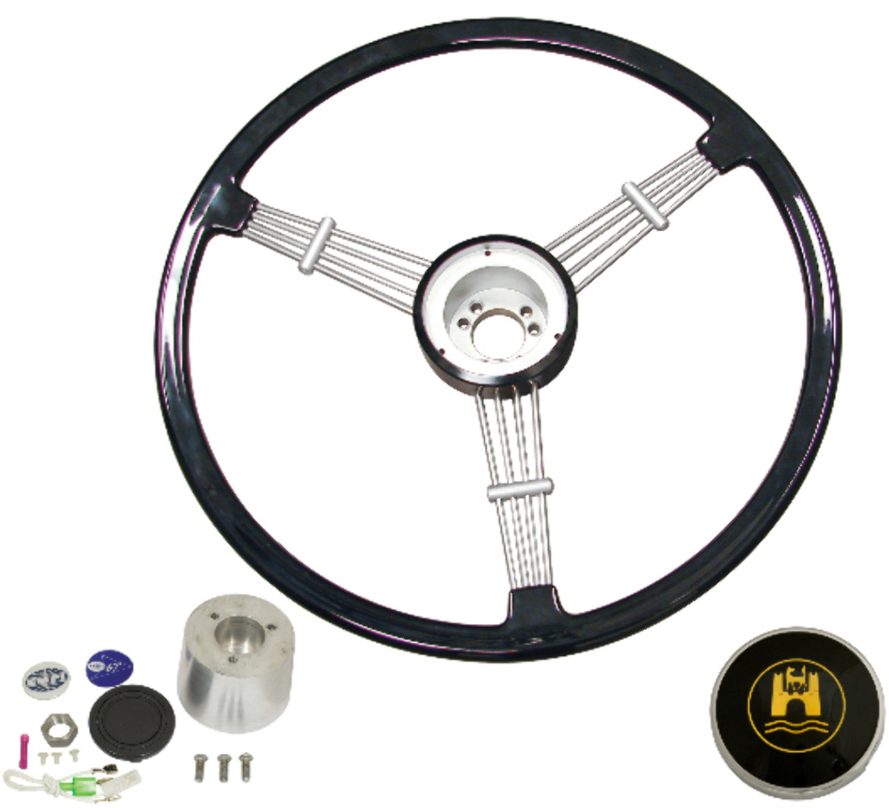 Steering Wheel Kit w/ Boss 3-Bolt 40 Spline Mount Kit, "Banjo" Style, Black Vintage, Fits Type 1/Ghia 60-74 1/2, Type 3 61-71