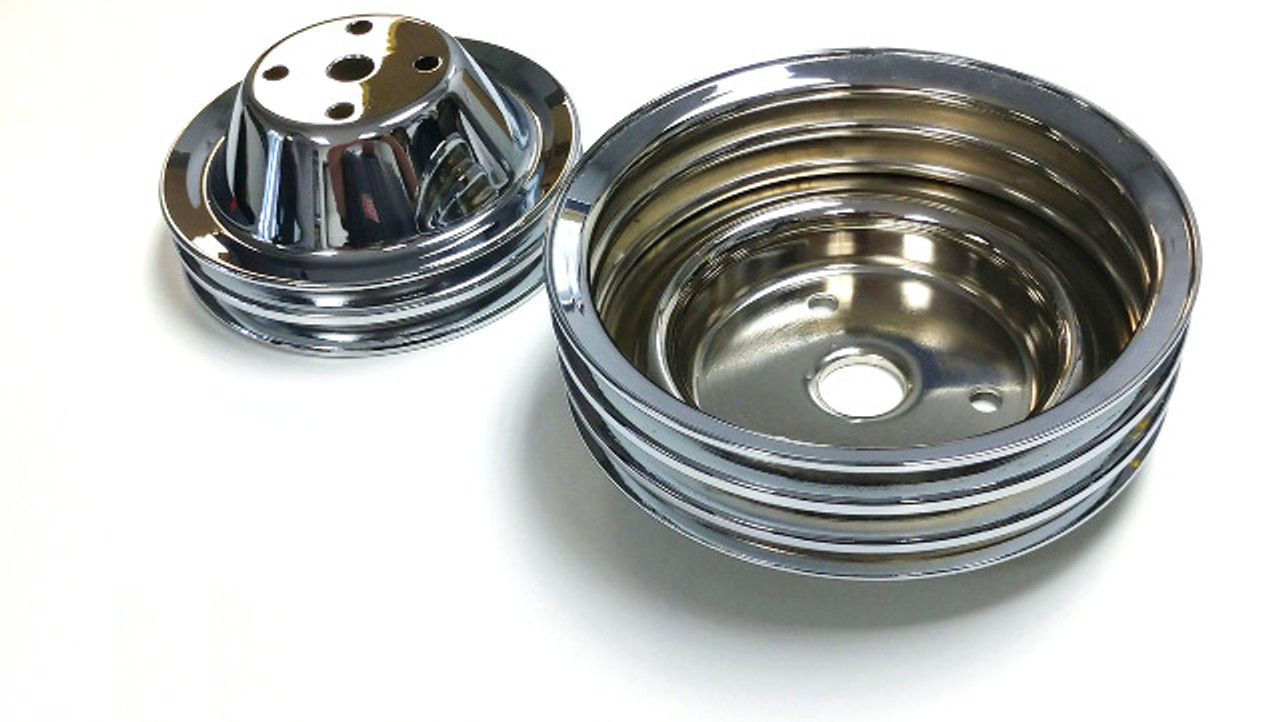 Double/Triple Groove Pulley Kit, Fits Chevy SBC Long Water Pump, Chrome Steel, 283-350 V8