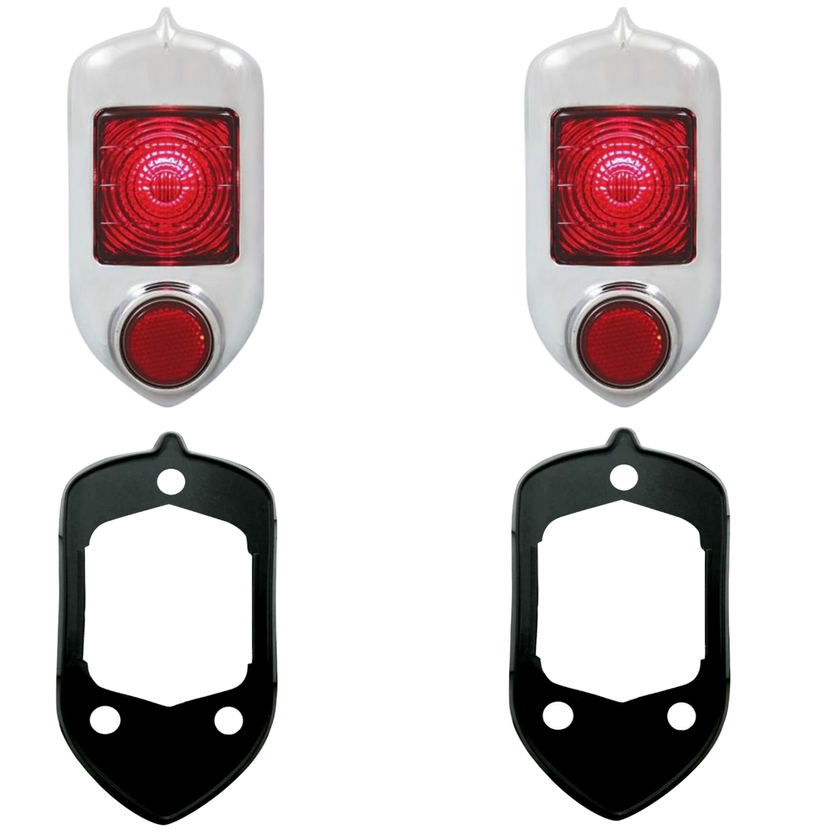 Tail Light Assembly Pair for 1951–1952 Chevy Cars – Red Glass Lens, Chrome Bezel, Includes Mount Pad Seals