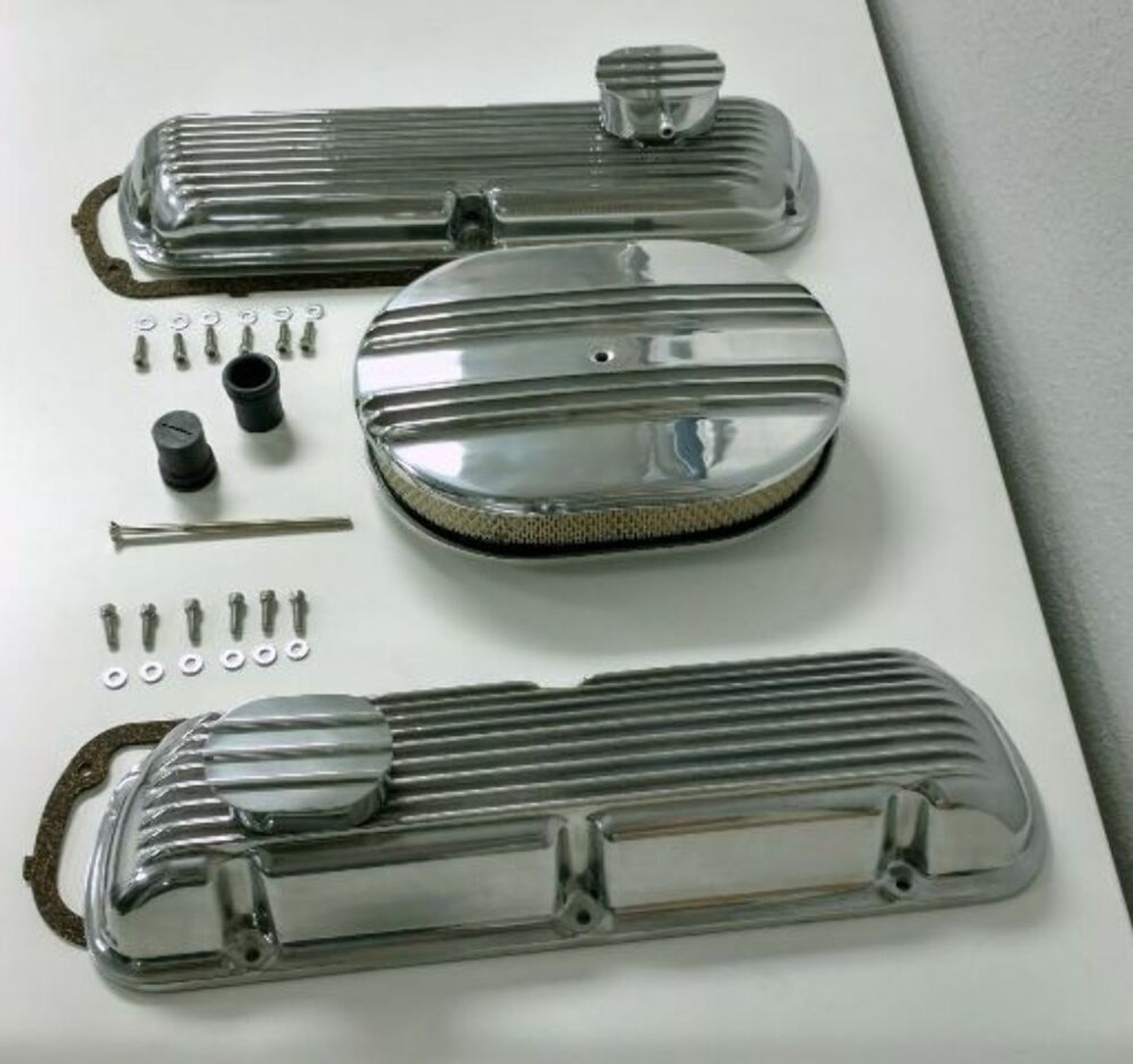 Finned Aluminum Valve Cover w/ Air Cleaner Kit, Fits Ford SBF V8 260 289 302 351W
