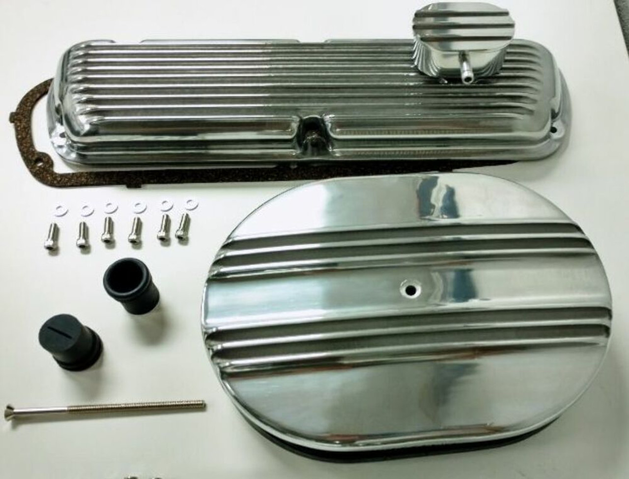 Finned Aluminum Valve Cover w/ Air Cleaner Kit, Fits Ford SBF V8 260 289 302 351W