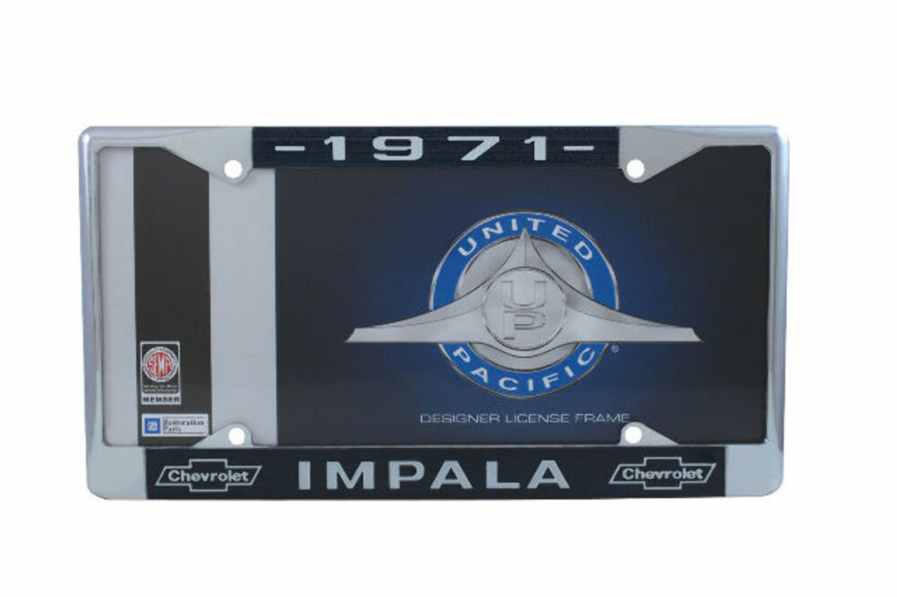 1971 Chevy Impala Chrome License Plate Frame with Blue and White Script