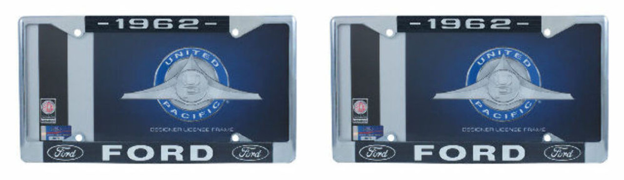 1962 Ford License Plate Frame Chrome Finish with Blue and White Script, Set of 2