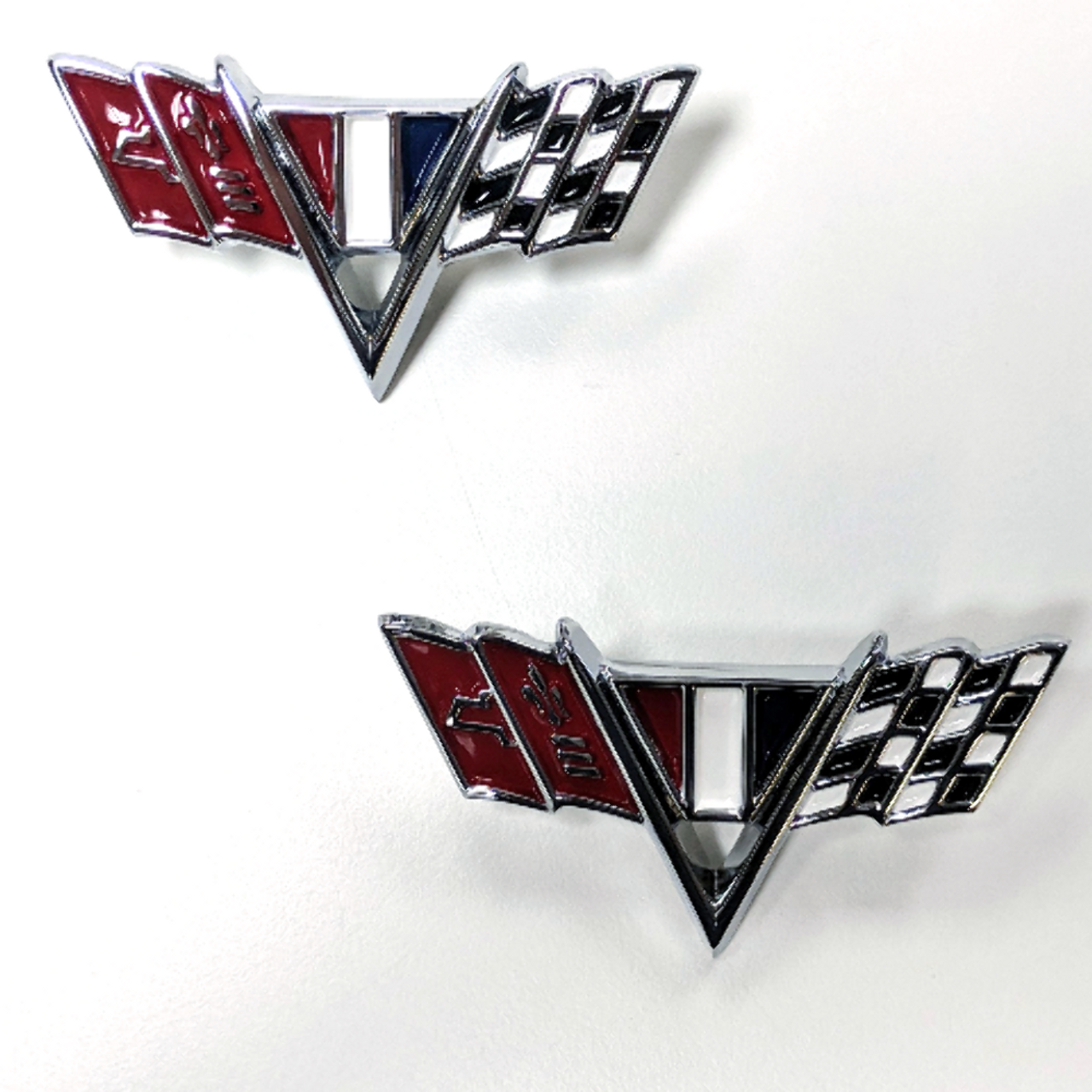 1964-67 Chevrolet Chrome Die Cast Front Fender Trim Emblem Chevy Flags Pair