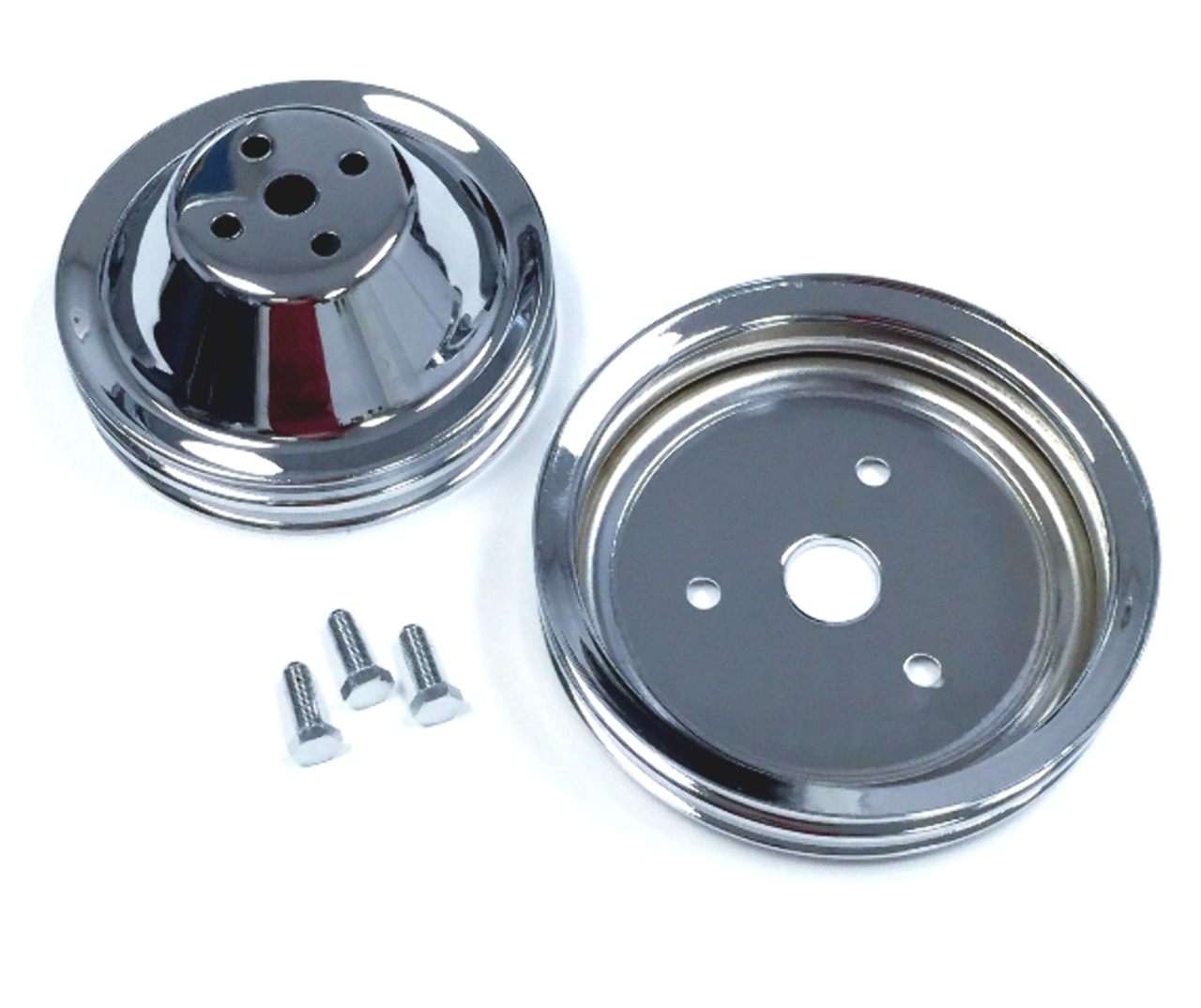 2 Groove Chrome Steel Pulley Kit, SBC V8 Short Water Pump