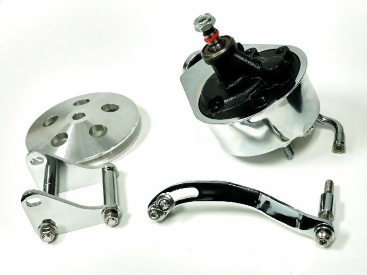 SBC Chevy Chrome Saginaw Style Power Steering Pump w/ Bracket & Pulley