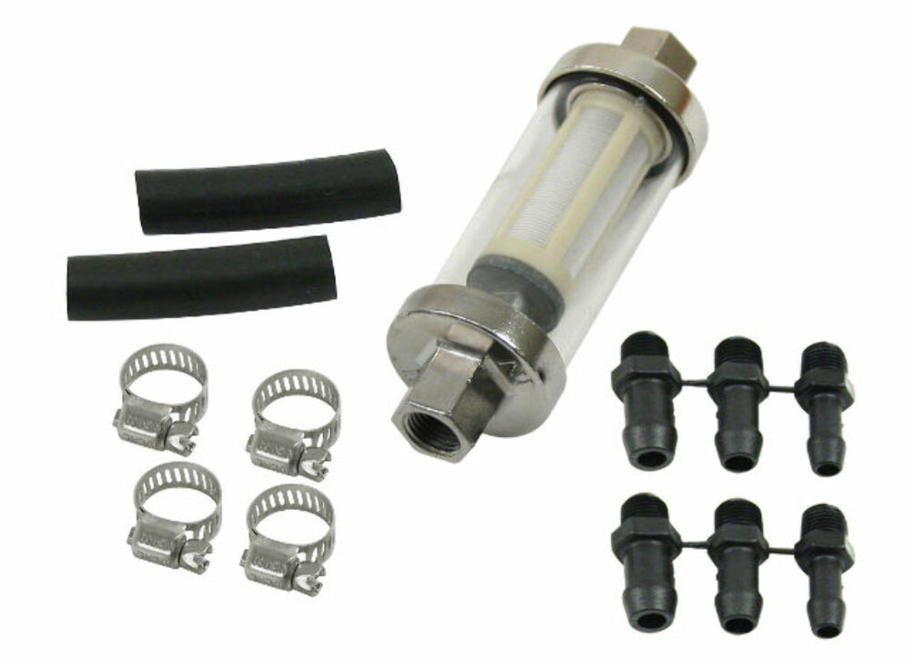 Universal 1/4" See Through Glass Fuel Filter With Fittings, Clamps, Hose 9065