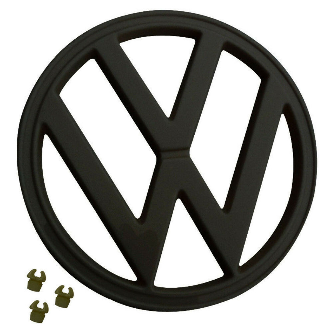 FRONT EMBLEM, BLACK, WITH CLIPS, 72-79 VW TYPE 2 BUS, 7" (182MM) 211-853-601EB