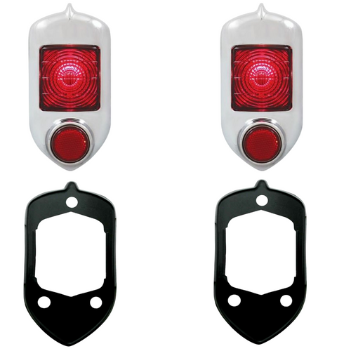 Tail Light Assembly Pair for 1951–1952 Chevy Cars – Red Glass Lens, Chrome Bezel, Includes Mount Pad Seals