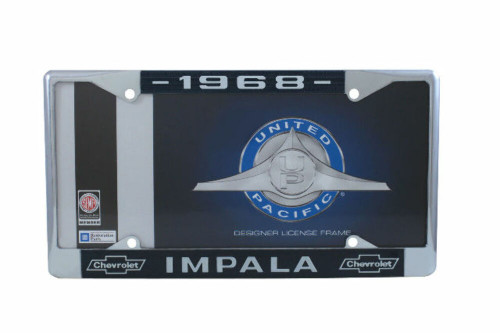 1968 Chevy Impala Chrome License Plate Frame with Blue and White Script