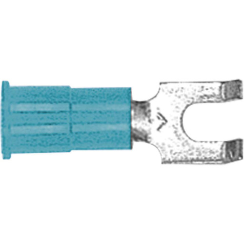 16-14 AWG, Flanged Fork, #6 Stud, Copper Nylon Insulated Brass Support Sleeve 16-14 AWG, Flanged Fork, #6 Stud, Copper Nylon Insulated Brass Support Sleeve