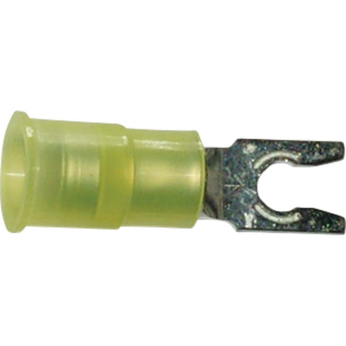 12-10 AWG, Locking Fork, #6 Stud, Copper Nylon Insulated Brass Support Sleeve 12-10 AWG, Locking Fork, #6 Stud, Copper Nylon Insulated Brass Support Sleeve