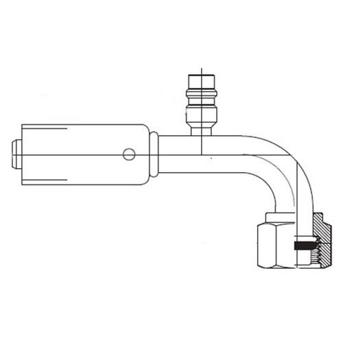 5/8" Bumped Tube O-Ring Female Swivel 90 deg Tube Elbow W/R134a Service Port, Coll-O-Crimp 757 'E' Series Hose Fittings 5/8" Bumped Tube O-Ring Female Swivel 90 deg Tube Elbow W/R134a Service Port, Coll-O-Crimp 757 'E' Series Hose Fittings