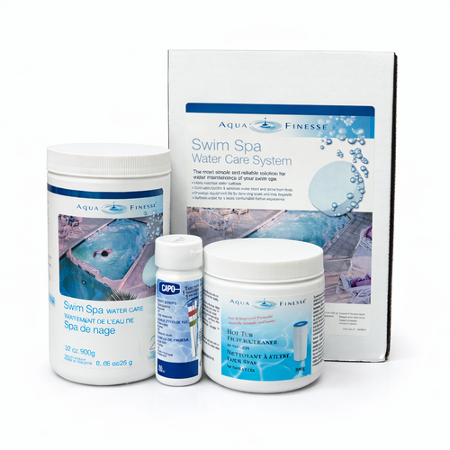 AquaFinesse Swim Spa Water Care System Kit with tablets, cleaner, test strips, and treatment solution