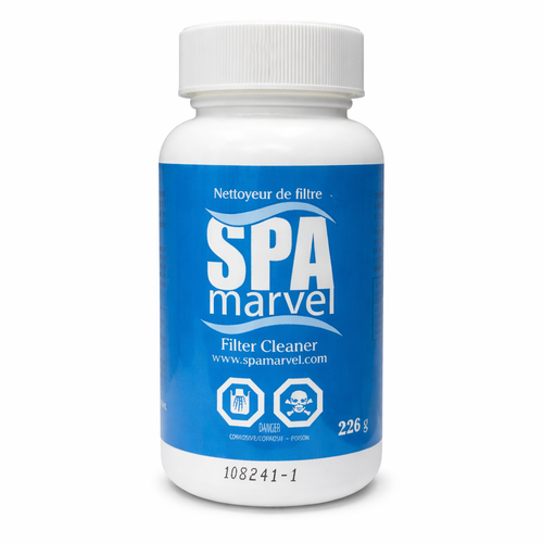 Spa Marvel Filter Cleaner 226g bottle with blue label on a white background, designed to remove oils, grease, and debris from hot tub and spa cartridge filters, helping restore water flow and extend filter life.