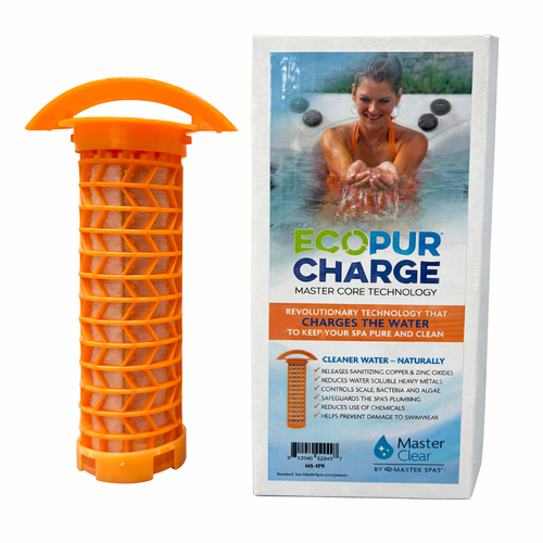 EcoPur Charge spa water treatment cartridge with packaging. Replacement part numbers PMA-EPR and X268532.