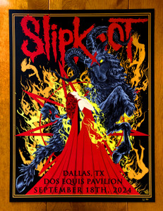Official limited edition Slipknot 2024 Tour concert poster for their Dallas, TX performance at Dos Equis Pavilion on September 18th.
