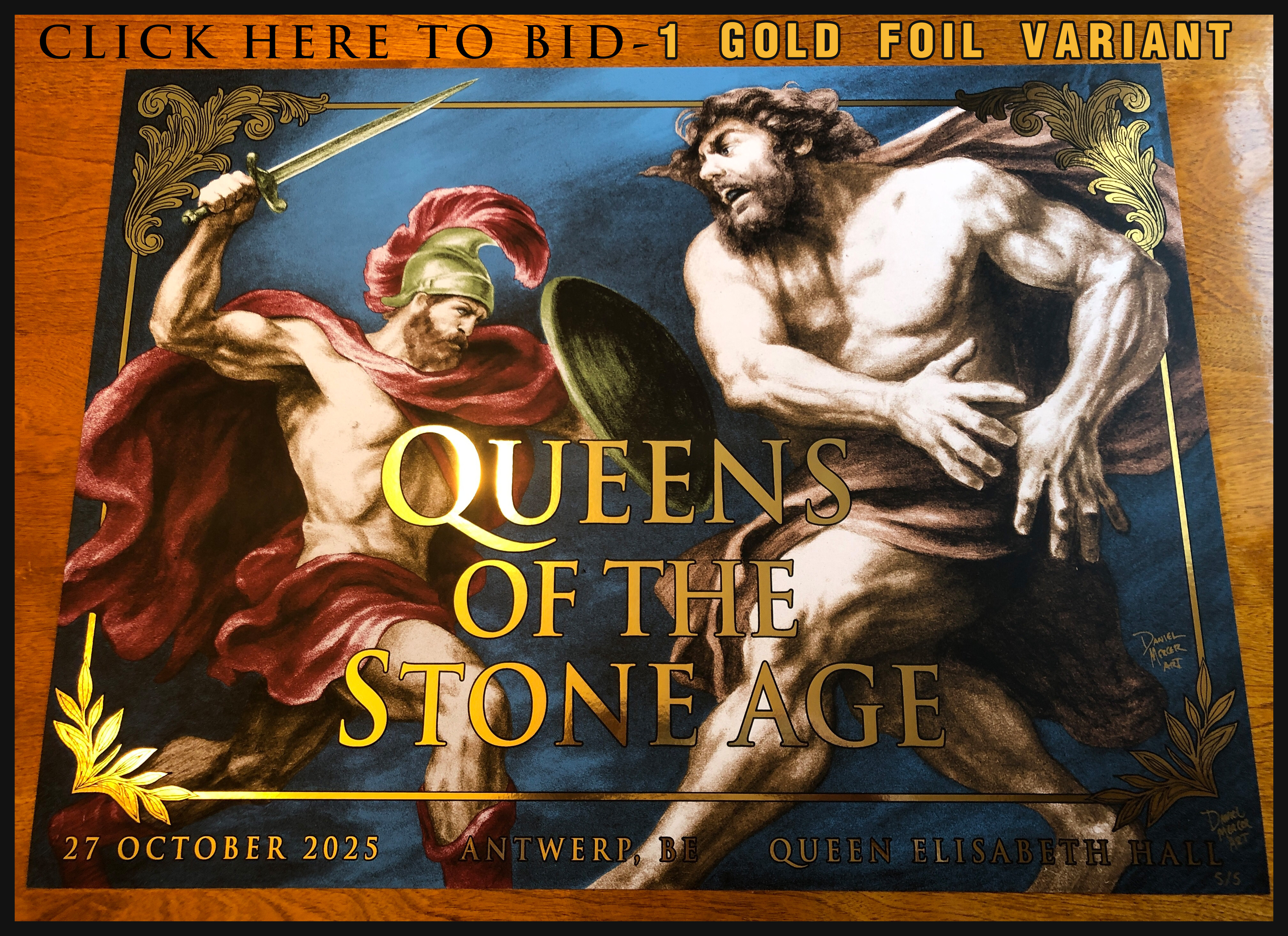 Queens of the Stone Age Antwerp 2025 Gold Foil Tour Poster — Artist-Signed Limited Edition by Daniel Mercer