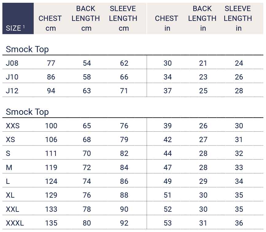 Smock Size Chart