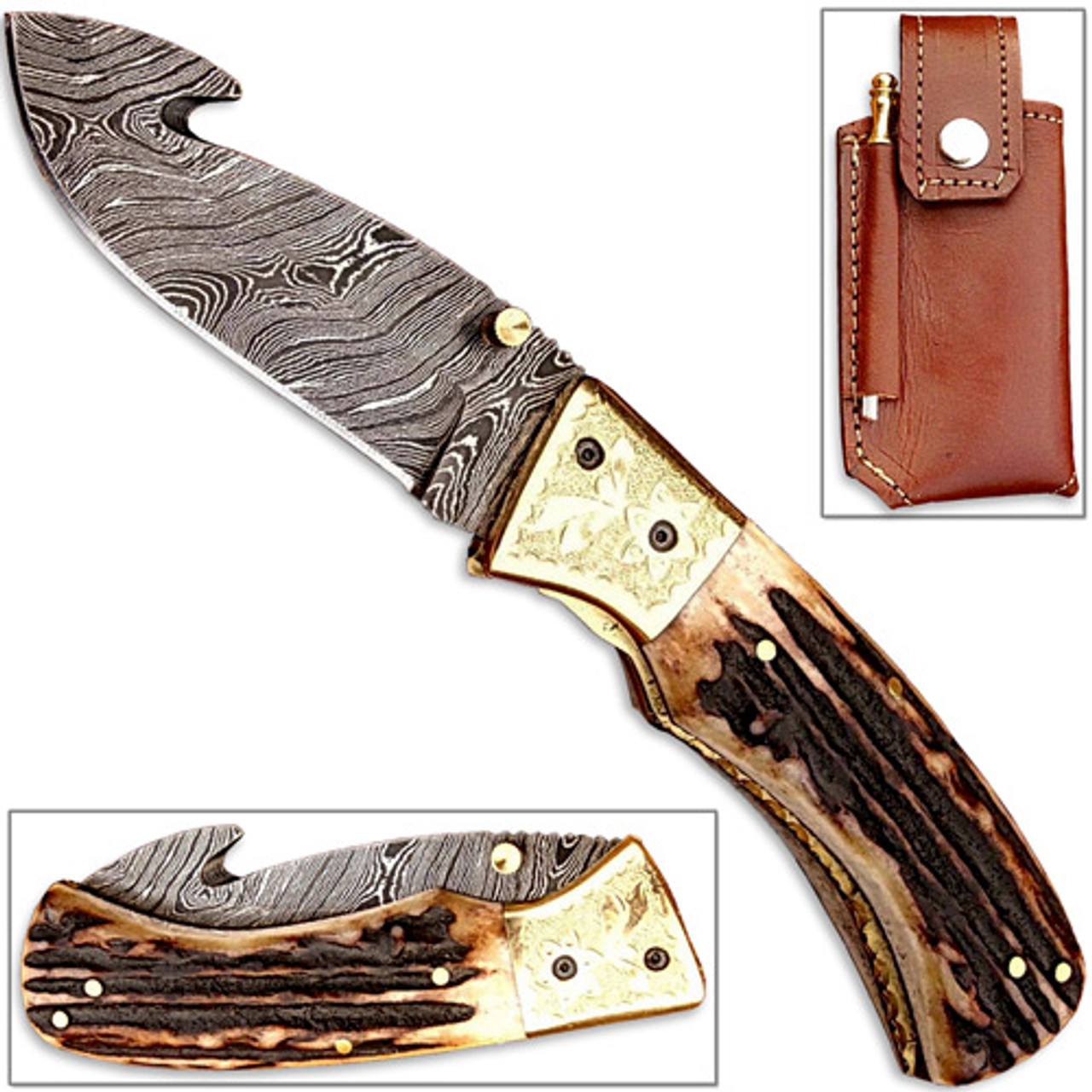 Custom Made Damascus Steel Gut Hook Hunting Knife W/ Stag Handle