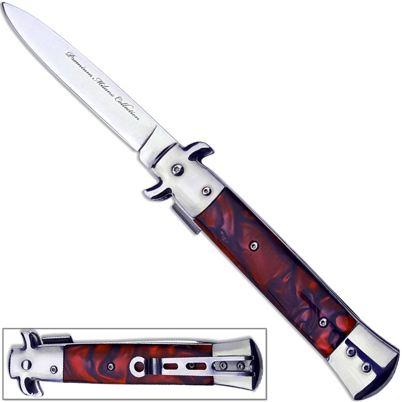 9 Black & Wood Red Italian Milano Stiletto Spring Assisted Folding Pocket  Knife. Survival 