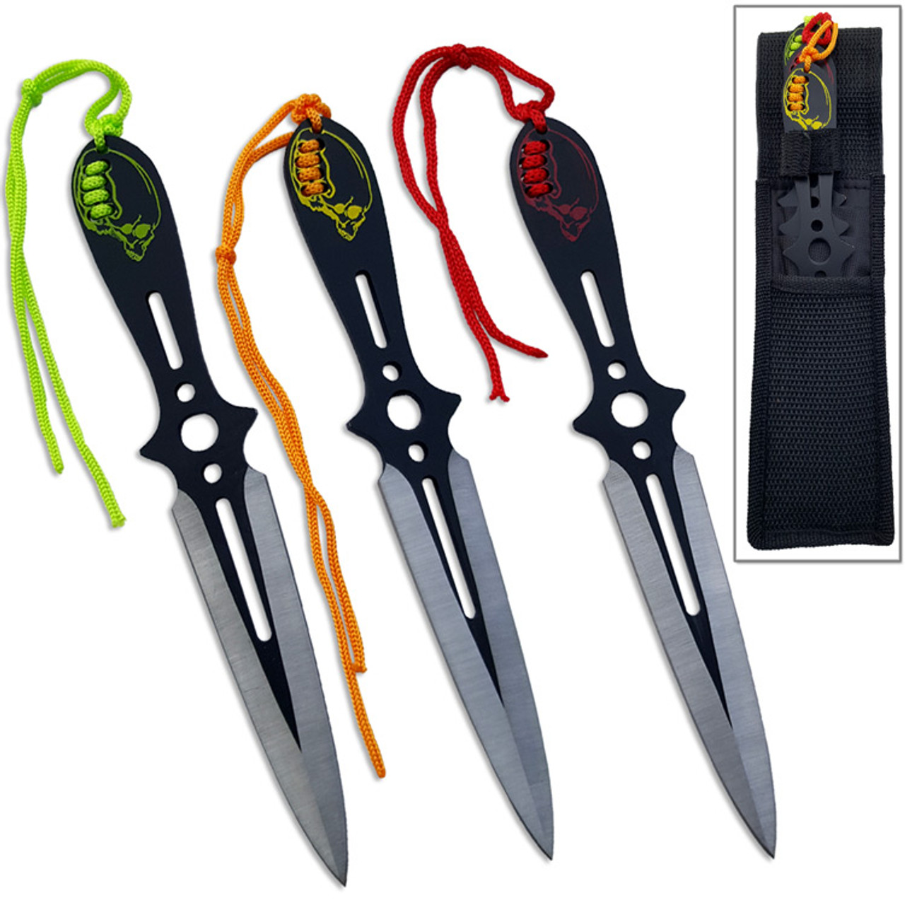 Ninja Throwing Knife Set of 3 Skulls Design Red, Orange, Green - Edge Import