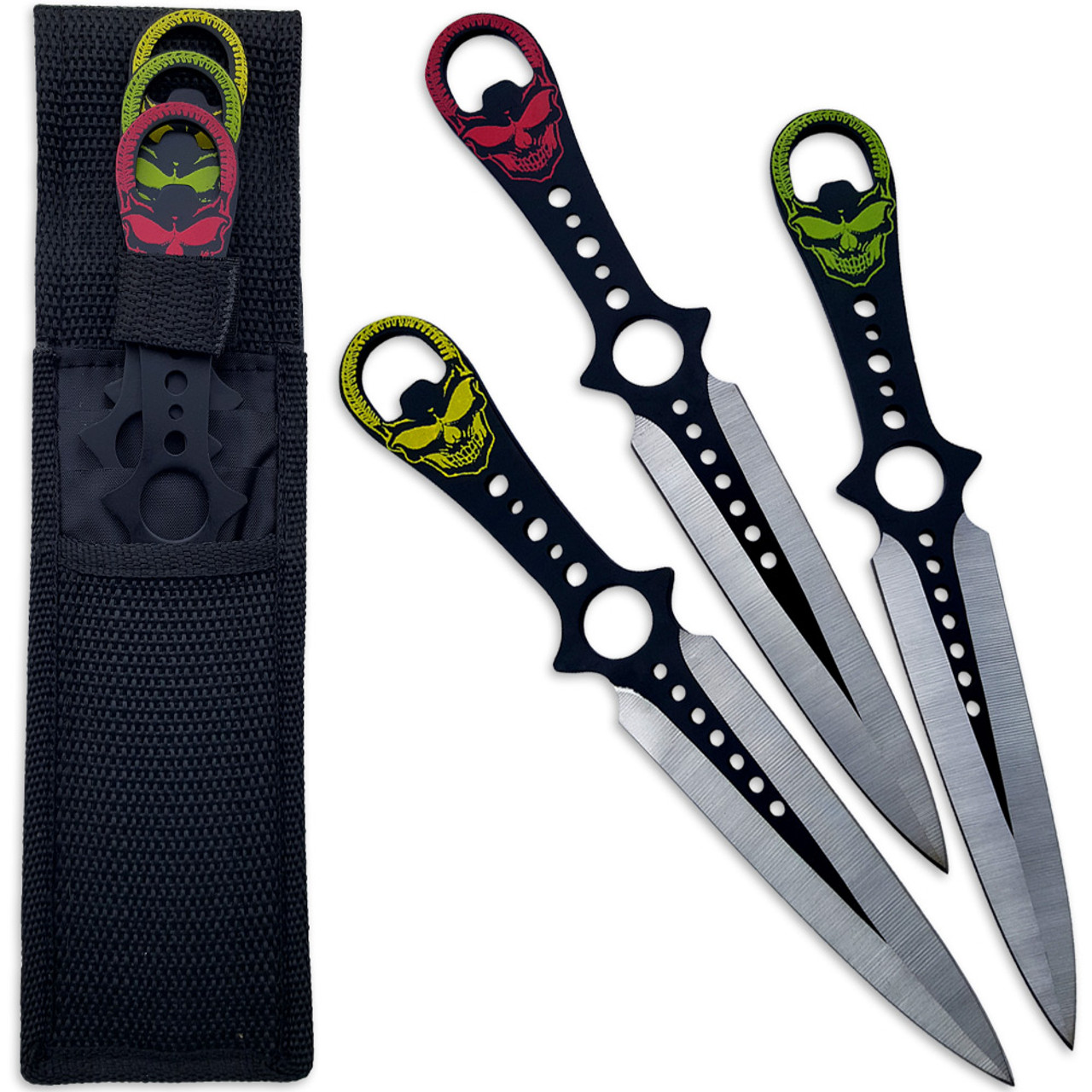 6 NEW! BLACK Skulls THROWING KNIVES Throw Knife WARTECH Gothic Blade Set  of 3