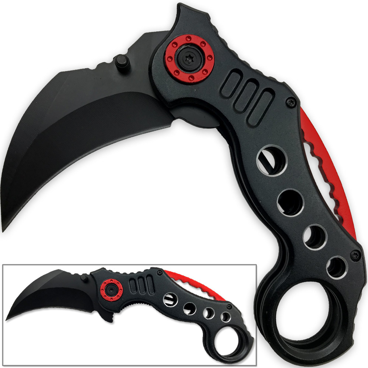 Tactical Extreme Karambit Knife  Spring Assisted Blade Black & Red Handle  - Edge Import