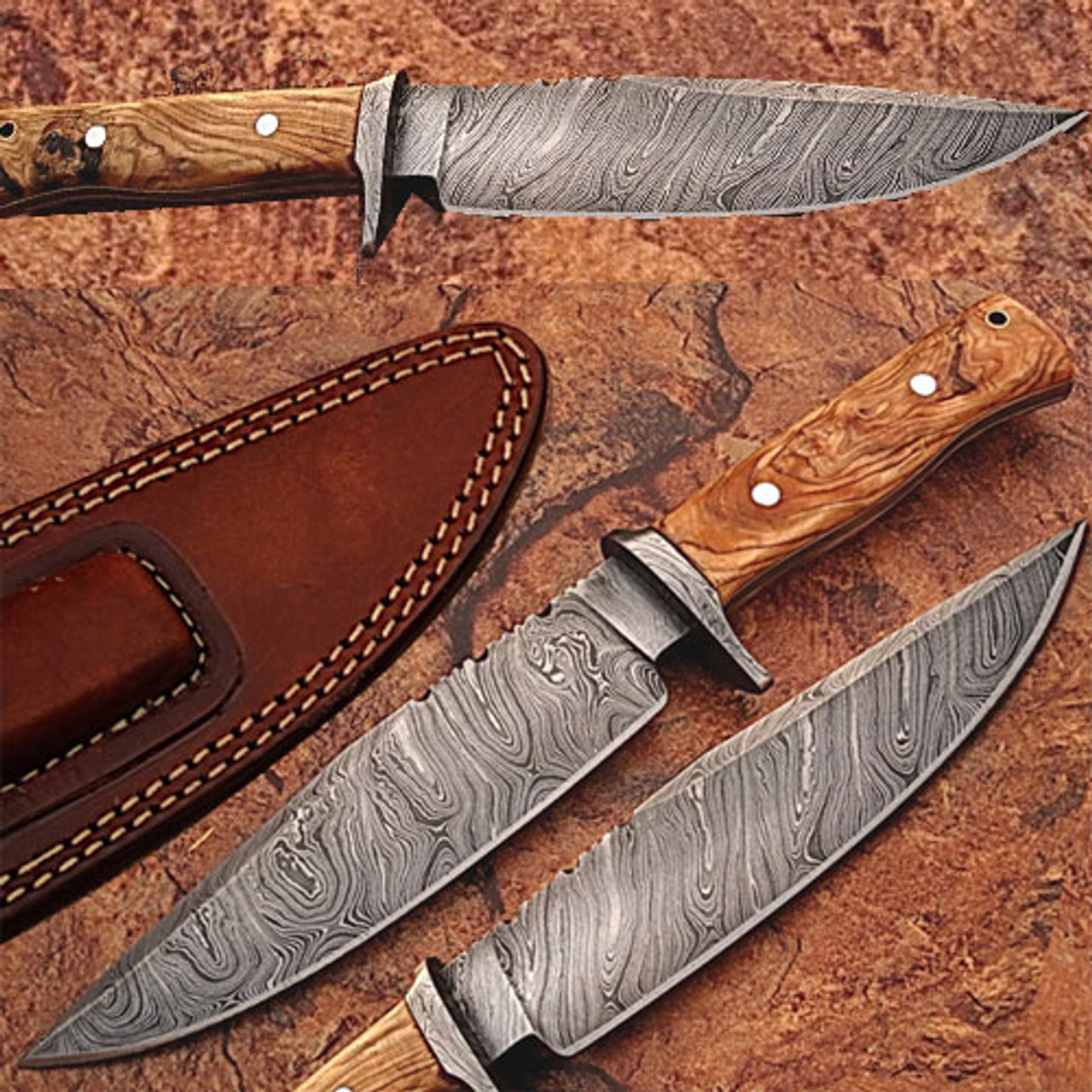 Custom Handmade Damascus Steel Skinning Knife With Olive Wood Handle
