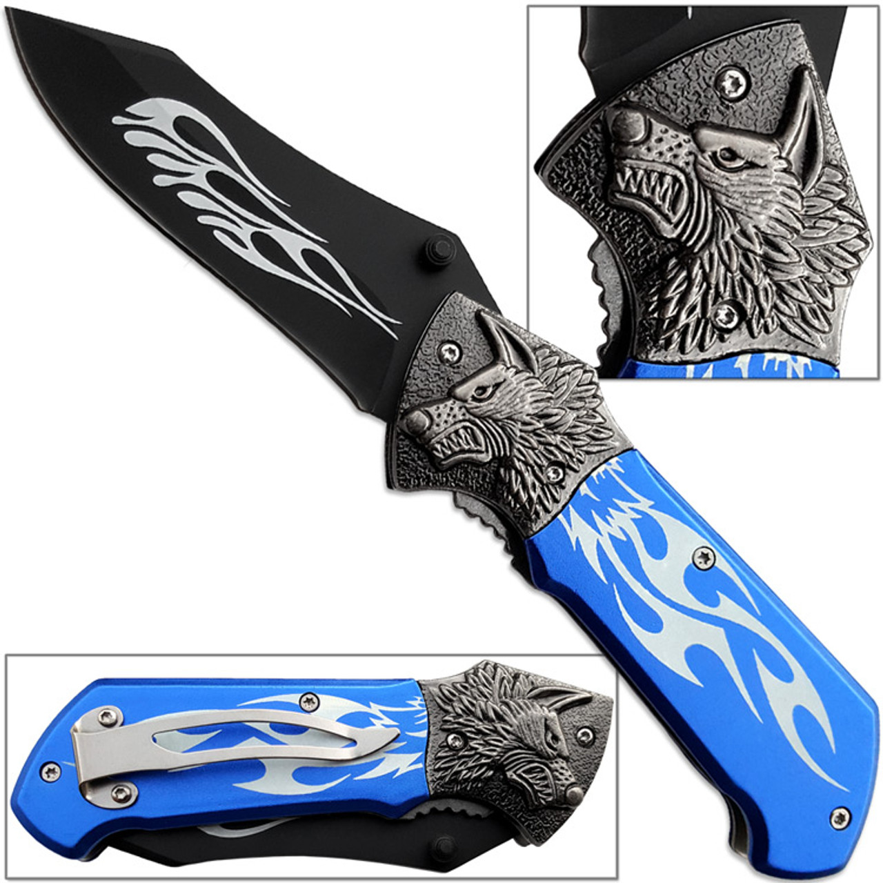Alpha Wolf Super Sharp Knife Tribal Flame Folding Pocket Blue